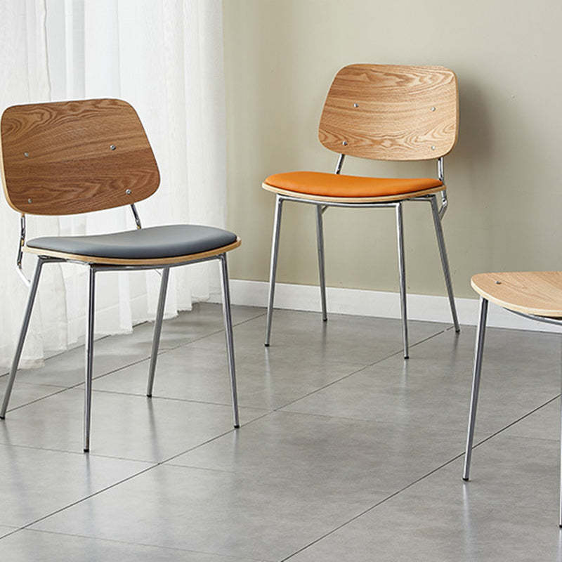 Scandinavian Leather Metal Dining Chair — Electroplate Legs / Original Wood Color / Beige