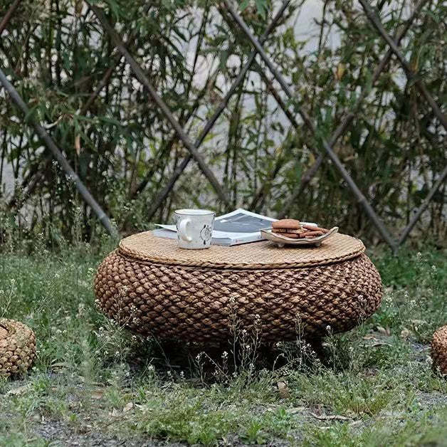 Japanese Oval Rattan Woven Wood Coffee Table