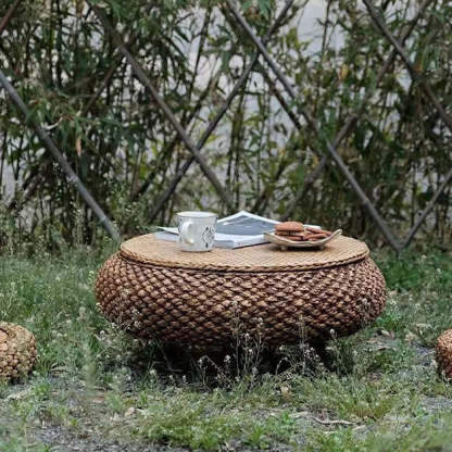 Japanese Oval Rattan Woven Wood Coffee Table
