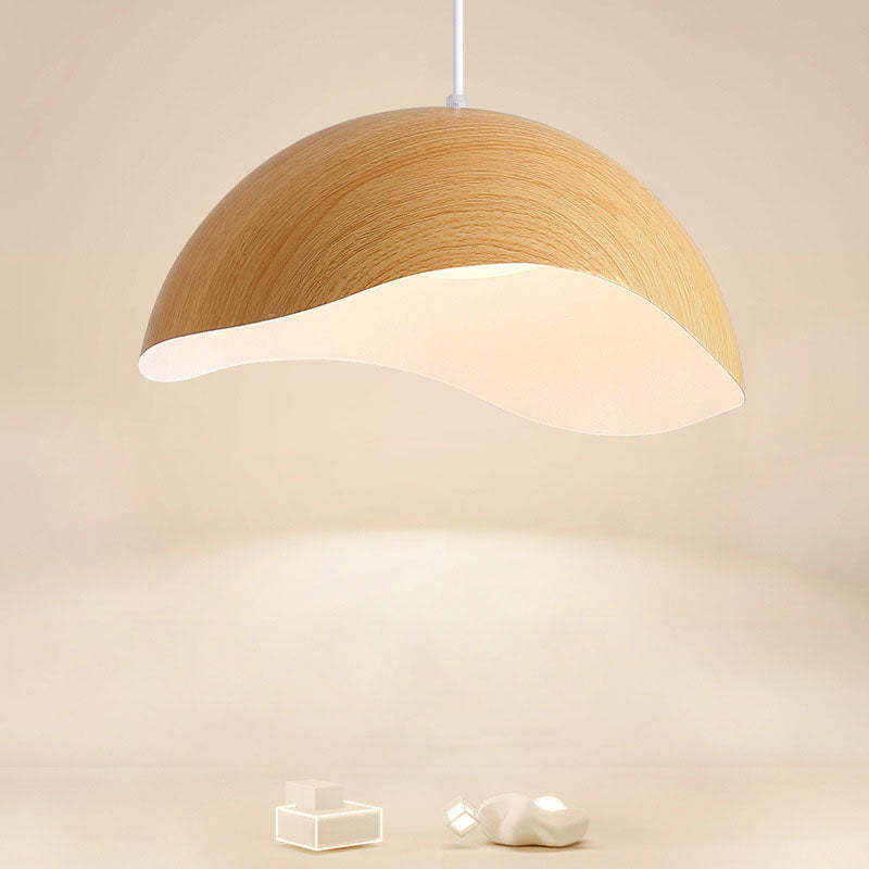 Scandinavian Wood Grain Iron Dome Wave LED Pendant Light