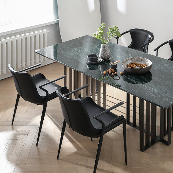 Minimalist saddle trapezoid leather metal dining chairs & benches