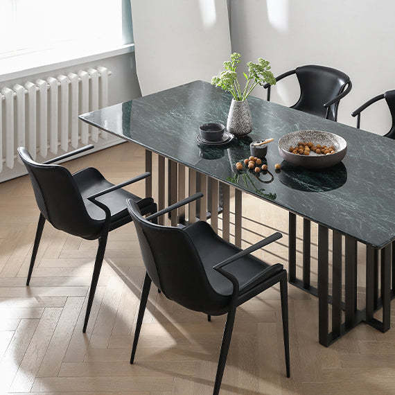 Minimalist saddle trapezoid leather metal dining chairs & benches