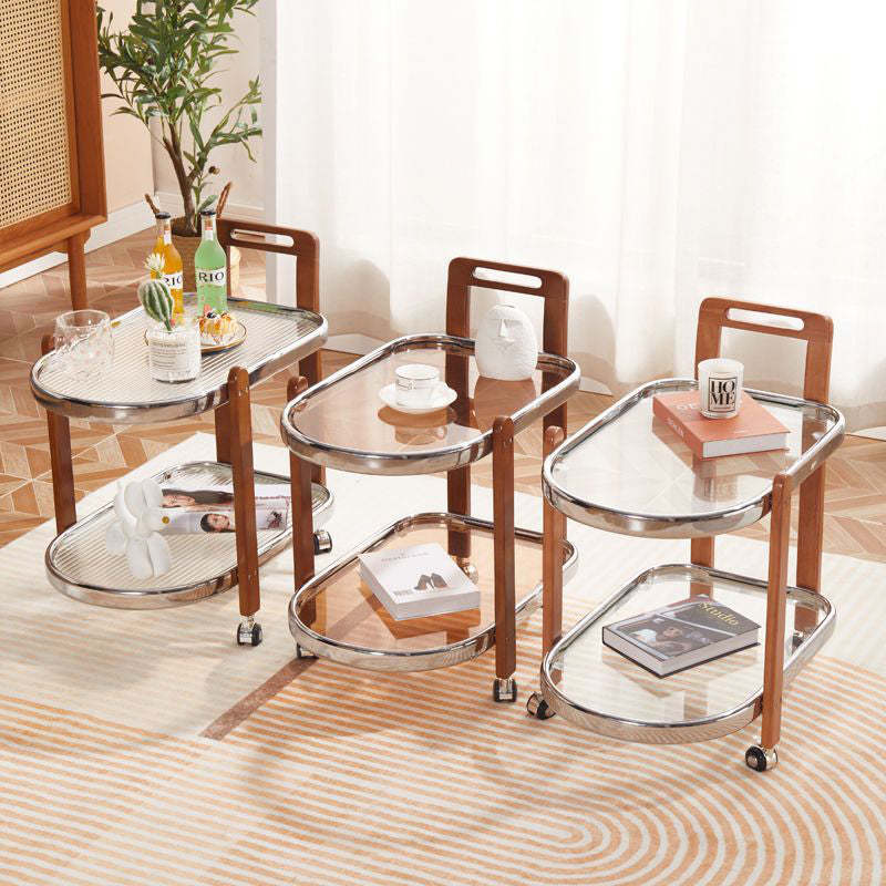 Japanese Oval Wood Steel Glass 2-Tier End Table