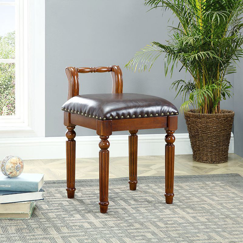 European Tufted Leather Low Back Vanity Stool — Walnut Color Frame + Blue Tufted Leather Upholstered