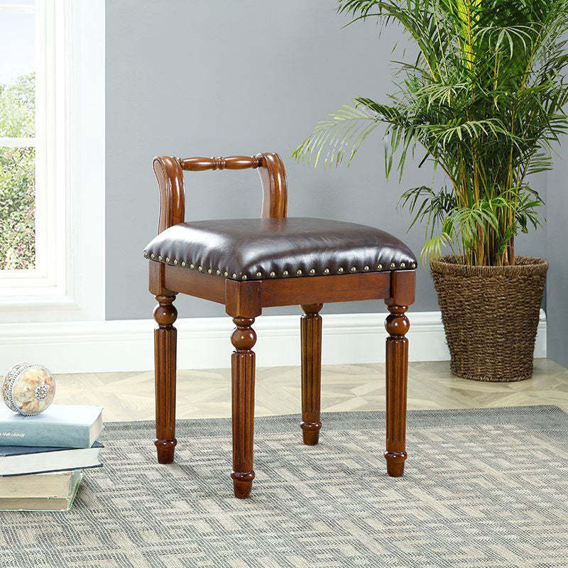 European Tufted Leather Low Back Vanity Stool — Walnut Color Frame + Blue Tufted Leather Upholstered