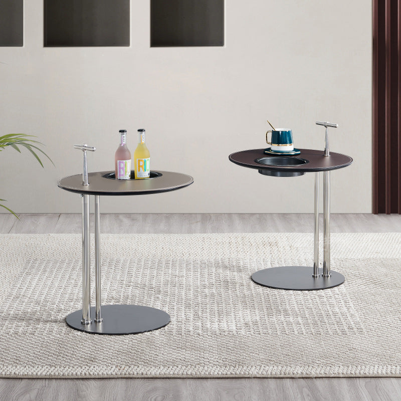 Minimalist Saddle Leather Round Side Table Storage — Brown