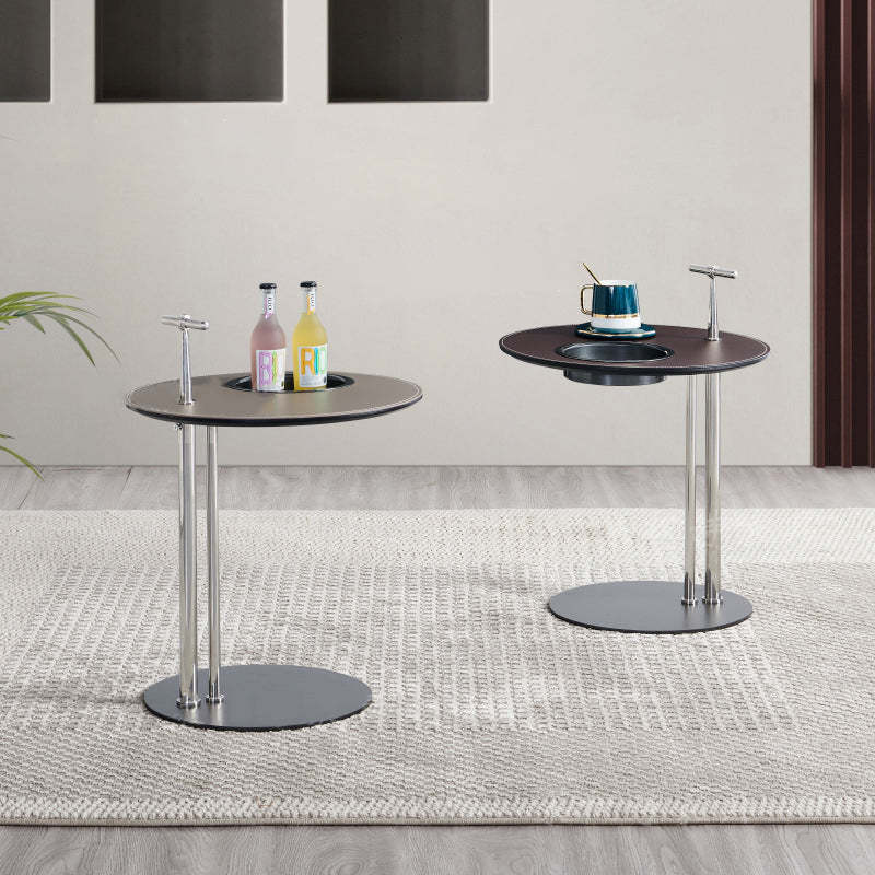 Minimalist Saddle Leather Round Side Table Storage — Brown