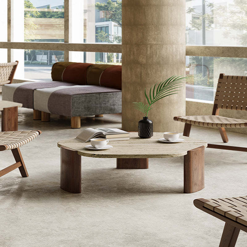Nordic Hexagon Travertine Wood Coffee Table