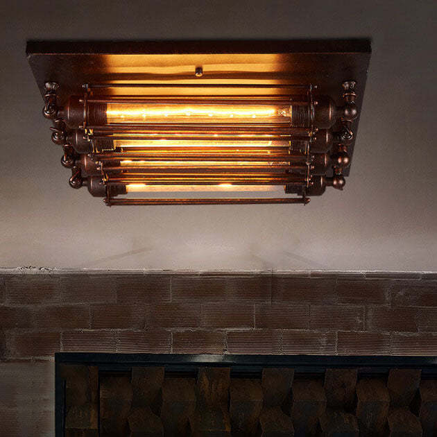 Nostalgic Industrial Iron Glass Strip 4-Light Flush Light — Reddish Brown / 220V-240V For UK/AU