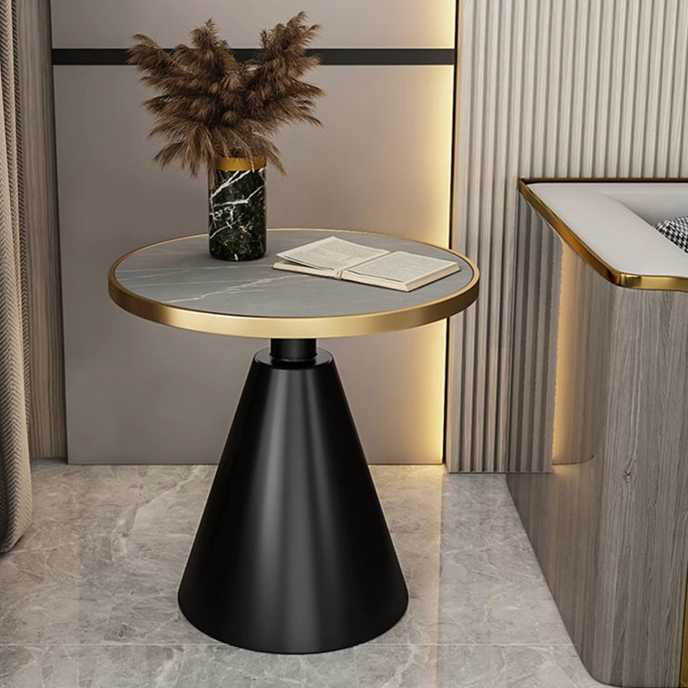 Contemporary Round Sintered Stone Metal Coffee Table — Gray Tabletop + Black Base