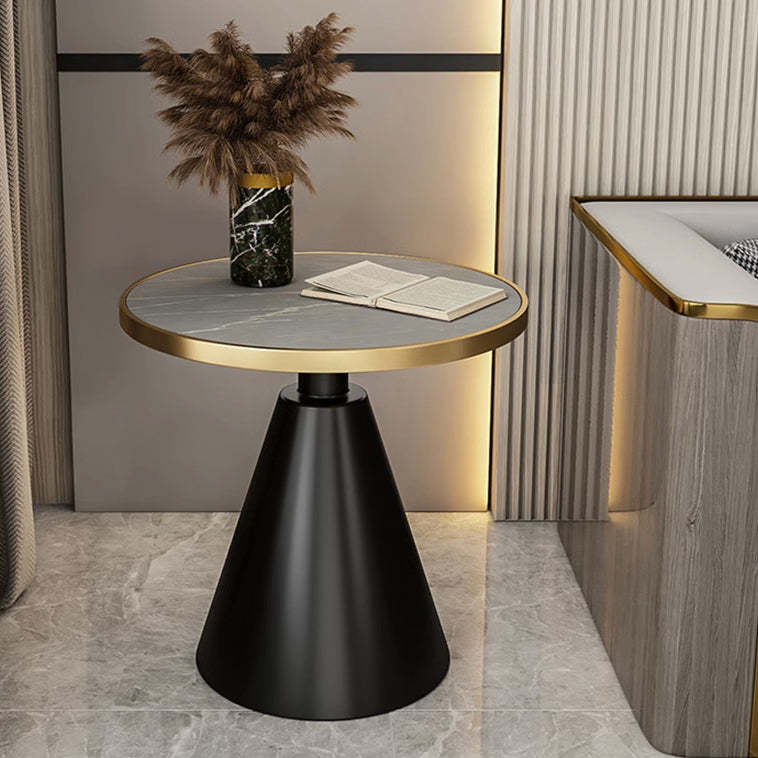 Contemporary Round Sintered Stone Metal Coffee Table — Gray Tabletop + Black Base