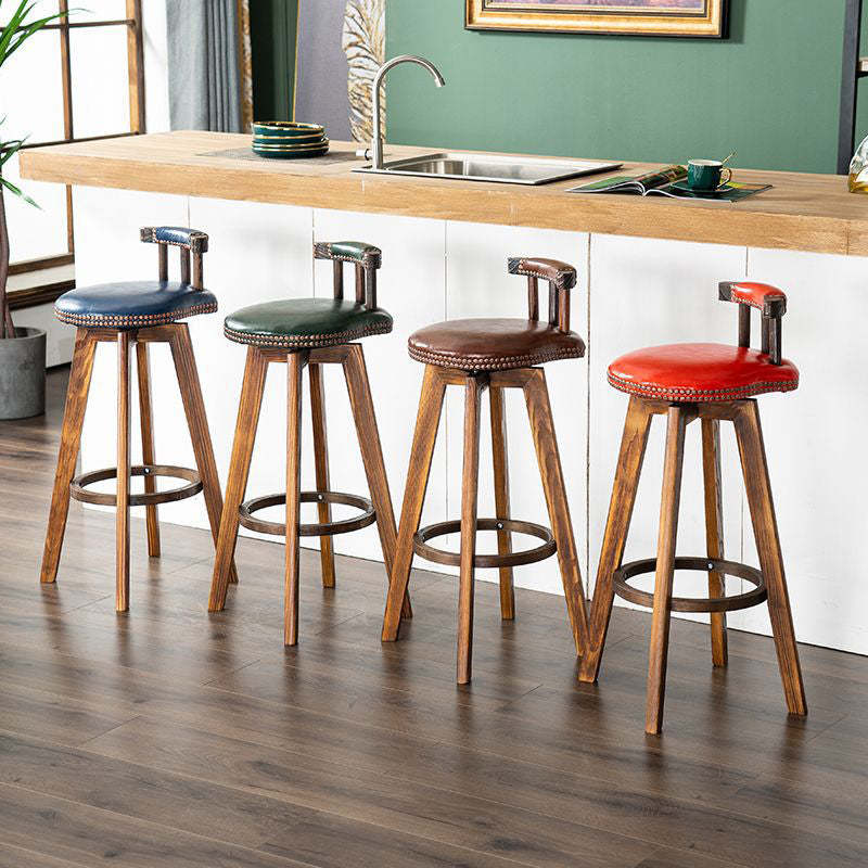 Retro Leather Wood Swivel Bar Stool