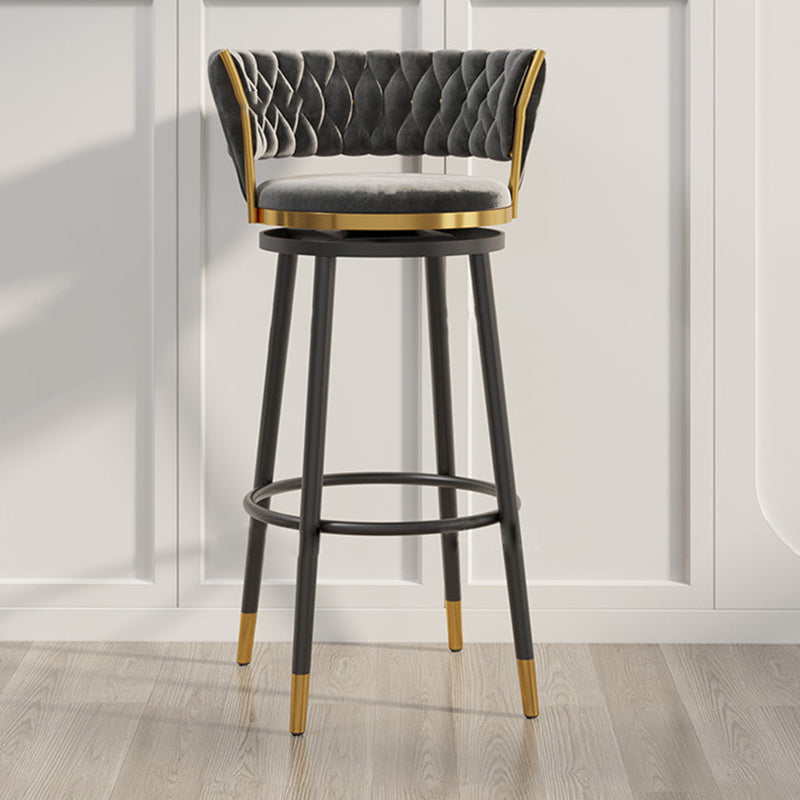 Contemporary Round Velvet Swivel Bar Stool — Blue Seat + Black Legs