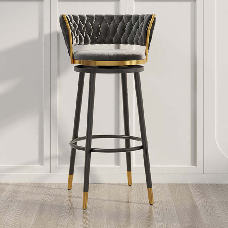 Contemporary Round Velvet Swivel Bar Stool — Blue Seat + Black Legs