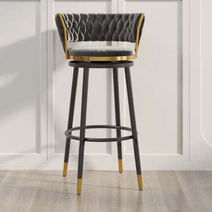 Contemporary Round Velvet Swivel Bar Stool — Blue Seat + Black Legs