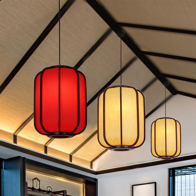 Modern Chinese Faux Sheepskin Wooden Lantern Pendant — Red / 110V-120V For US/CA