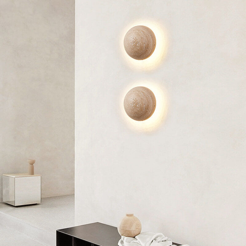 Japanese Round Yellow Travertine Wabi-Sabi LED Wall Sconce