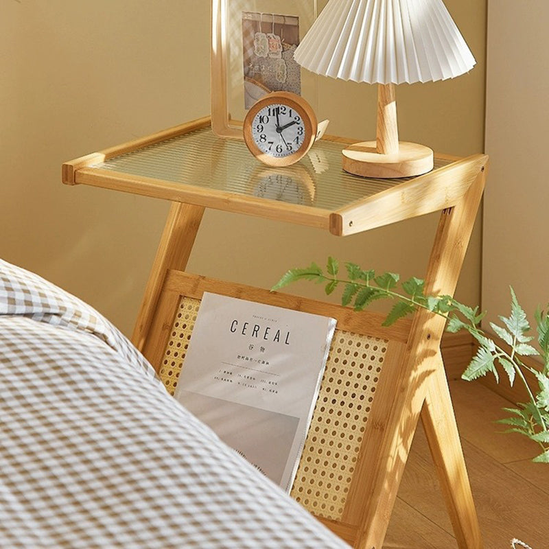 Contemporary Z-Shaped Glass Bamboo End Table — Walnut Wood Color