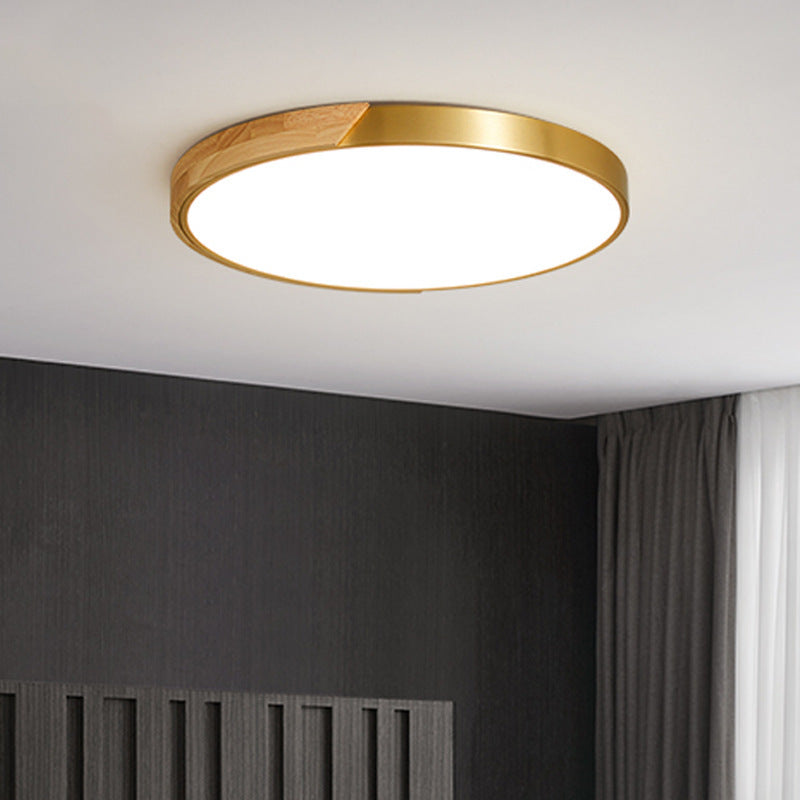 Modern Round Copper Wood LED Flush Mount Light
