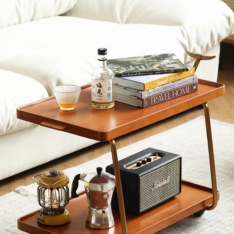 Retro Rubber Wood Stainless Steel Movable Side Table 2-Tier