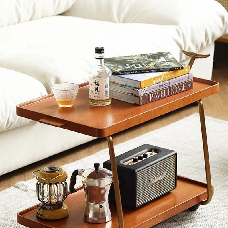 Retro Rubber Wood Stainless Steel Movable Side Table 2-Tier