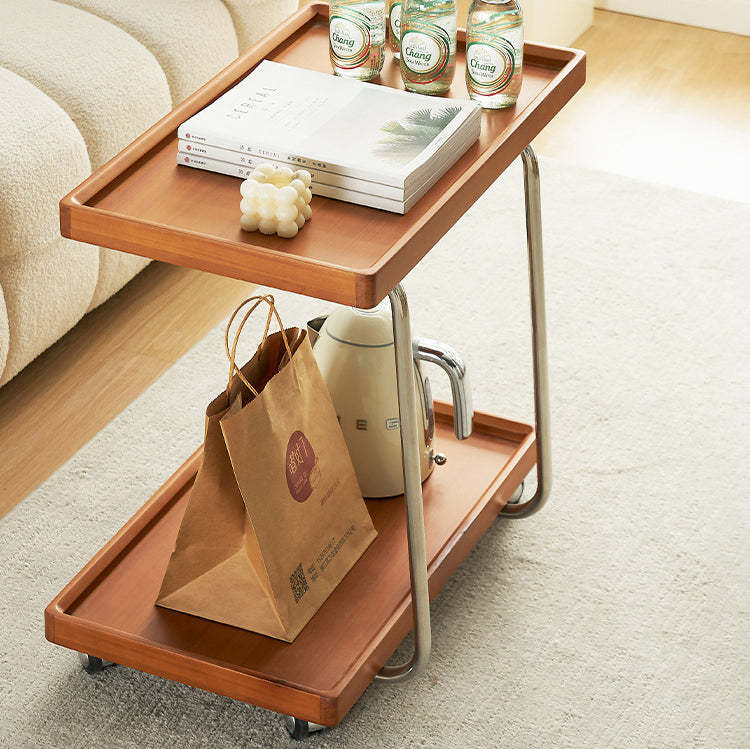 Minimalist Wood Metal 2-Tier Wheeled End Table