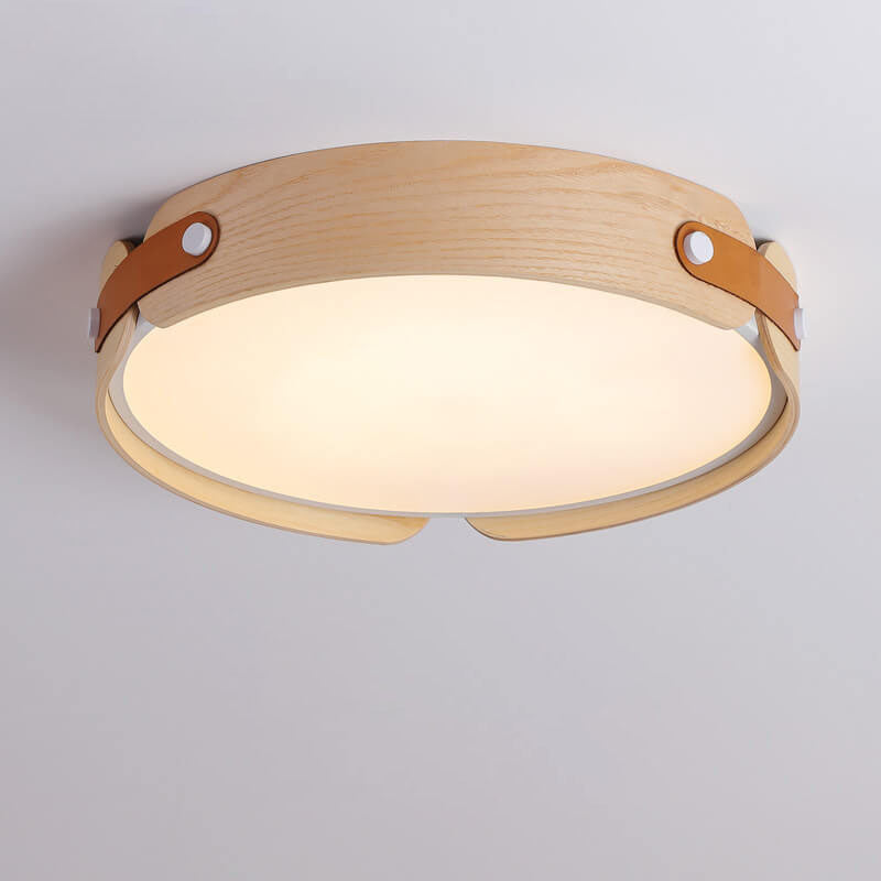 Minimalist Solid Wood Round Leather LED Flush Light