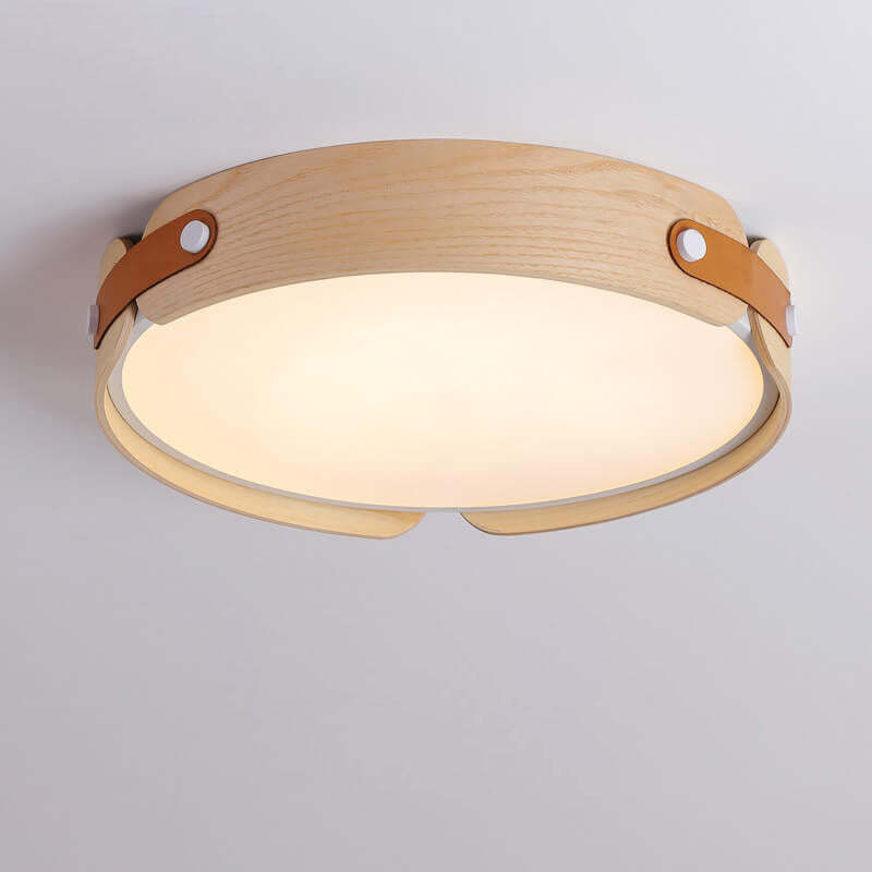 Minimalist Solid Wood Round Leather LED Flush Light
