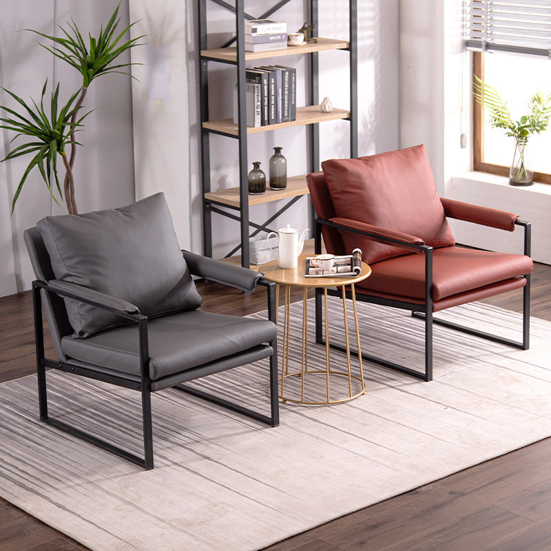 Scandinavian Velvet Leather Square Accent Chair — Sponge / Leather / Gray