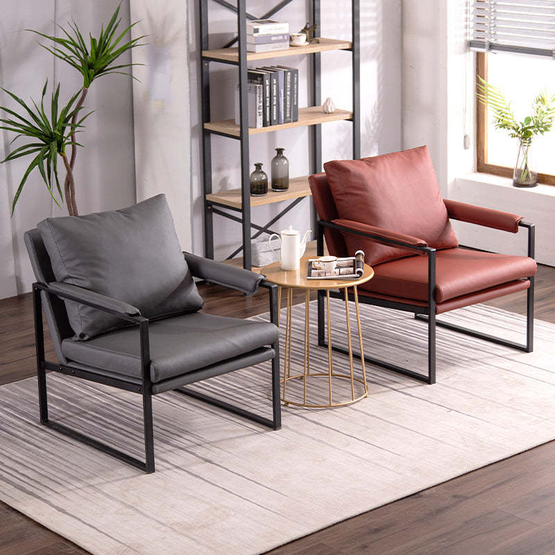 Scandinavian Velvet Leather Square Accent Chair — Sponge / Leather / Gray