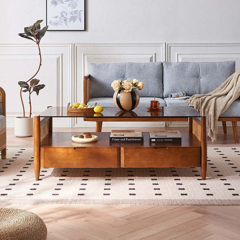 Japanese Woven Ash Glass 4-Drawer Coffee Table — Wood Color