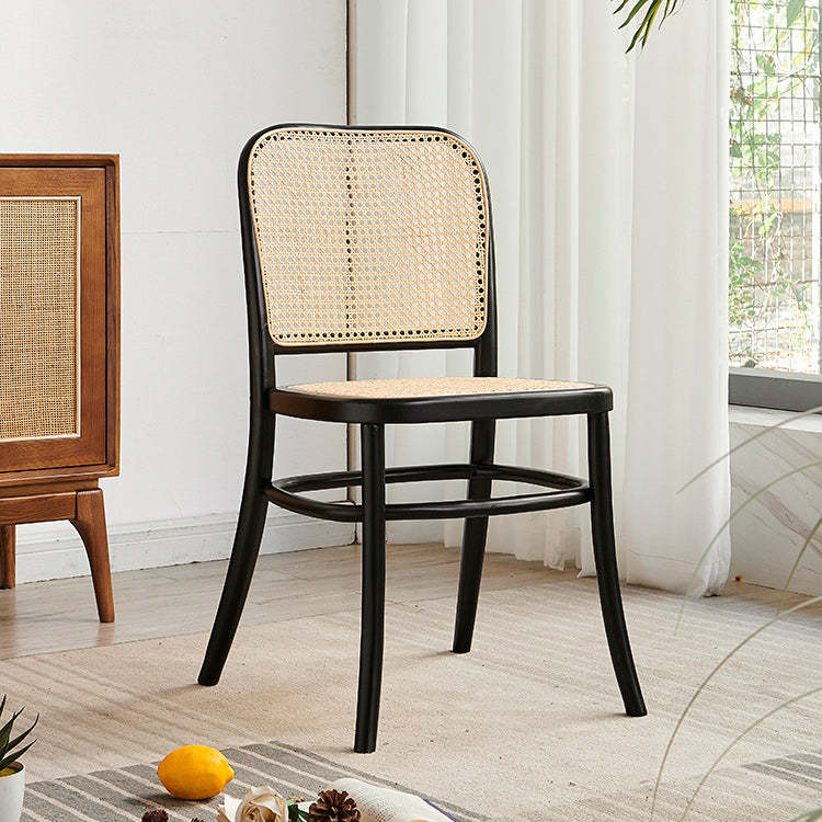 Retro Grid Wood Rattan Dining Chair — Armless / Walnut Color
