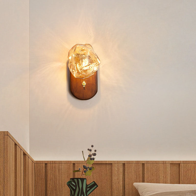 Japanese Oval Ice Cube Solid Wood Glass Sconce