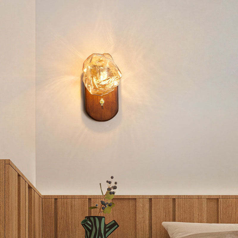 Japanese Oval Ice Cube Solid Wood Glass Sconce