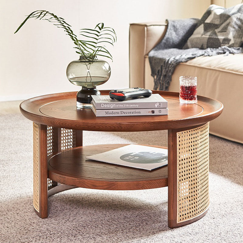 Japanese Round Woven Wood Coffee Table — Wood Color