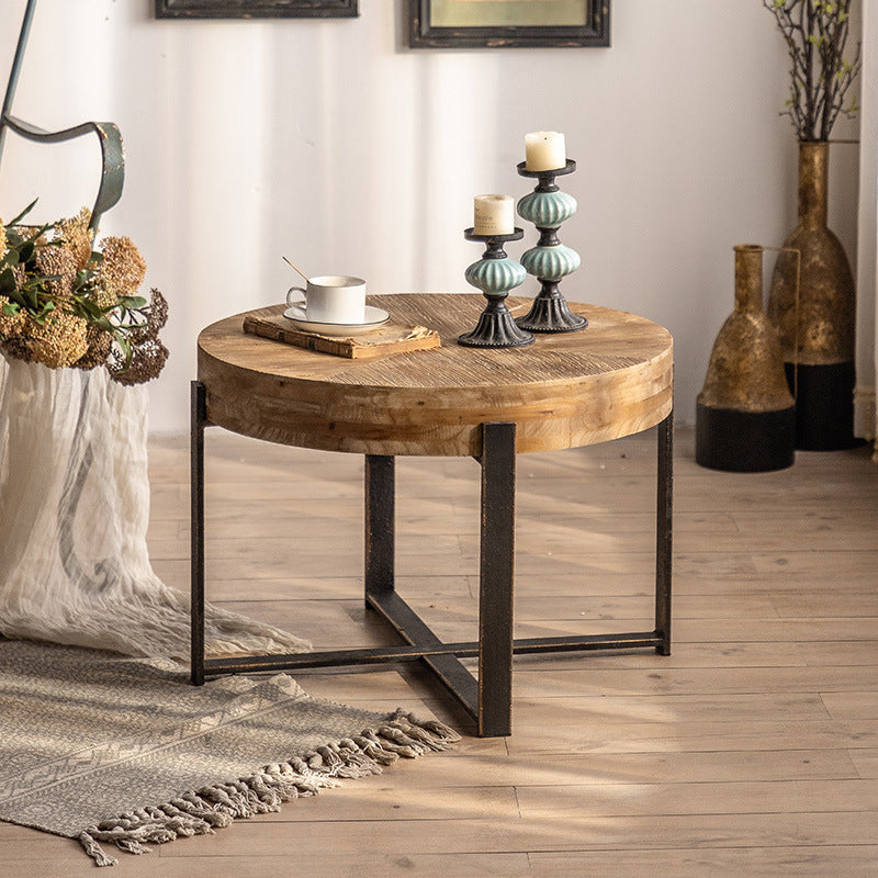 Vintage Distressed Wood Iron Cross-Leg Coffee Table