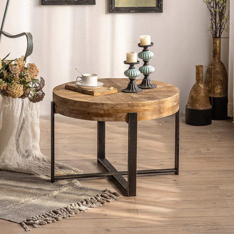 Vintage Distressed Wood Iron Cross-Leg Coffee Table
