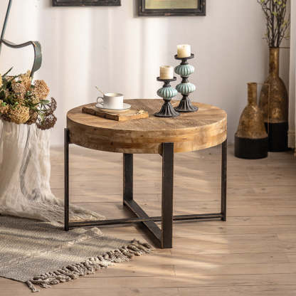 Vintage Distressed Wood Iron Cross-Leg Coffee Table