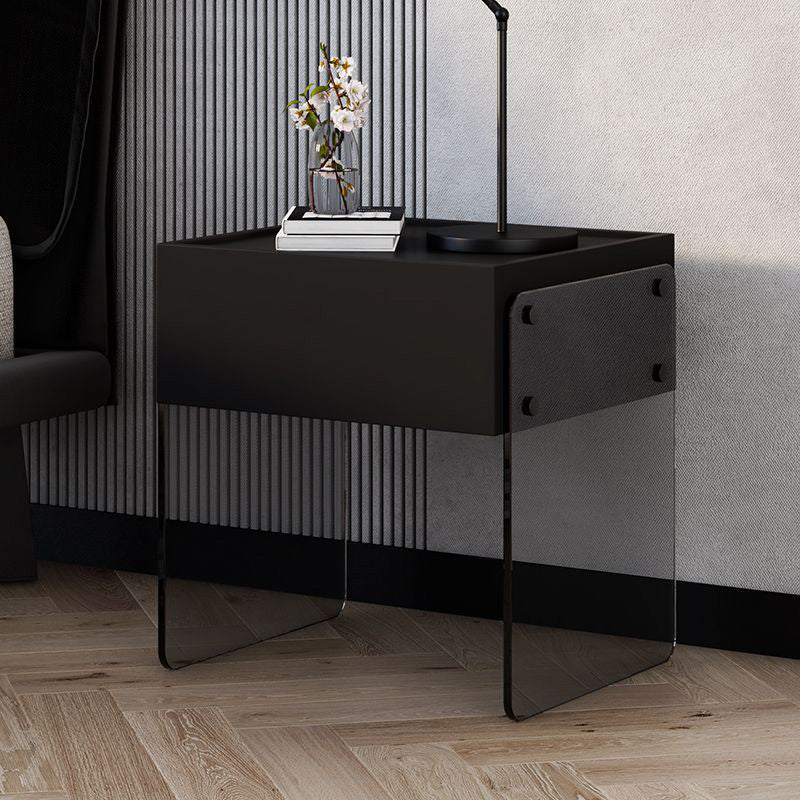Minimalist Wood Plank Glass 1-Drawer Nightstand