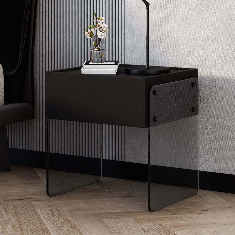 Minimalist Wood Plank Glass 1-Drawer Nightstand