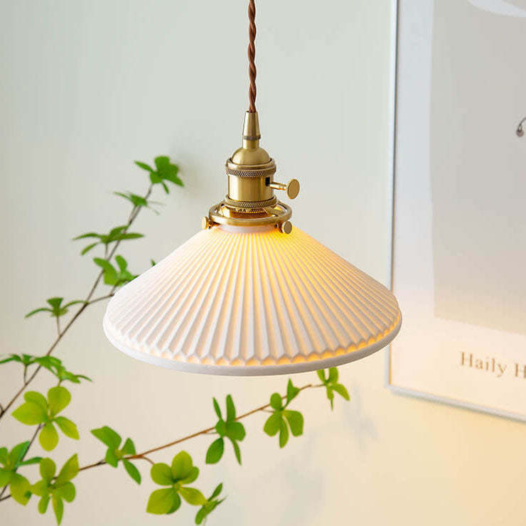Japanese Pleated Ceramic Cone Brass Pendant Light