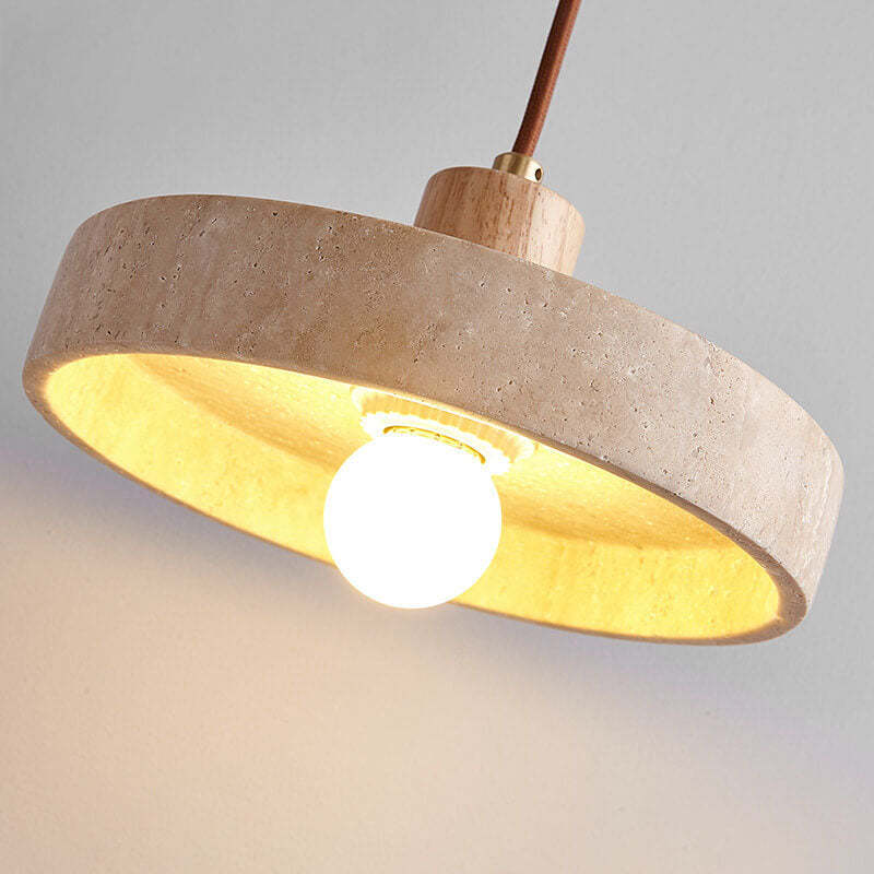 Japanese Solid Wood Disc Yellow Travertine Pendant Light