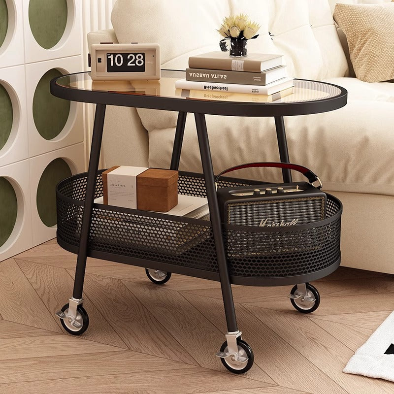 Modern Elliptical Glass Iron 2-Tier End Table