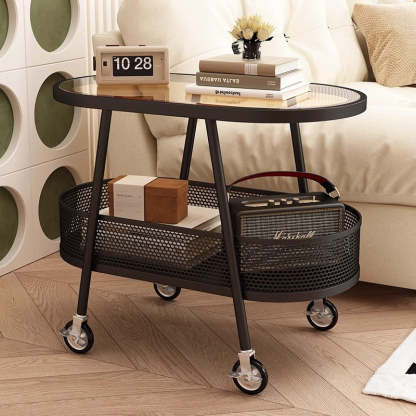 Modern Elliptical Glass Iron 2-Tier End Table