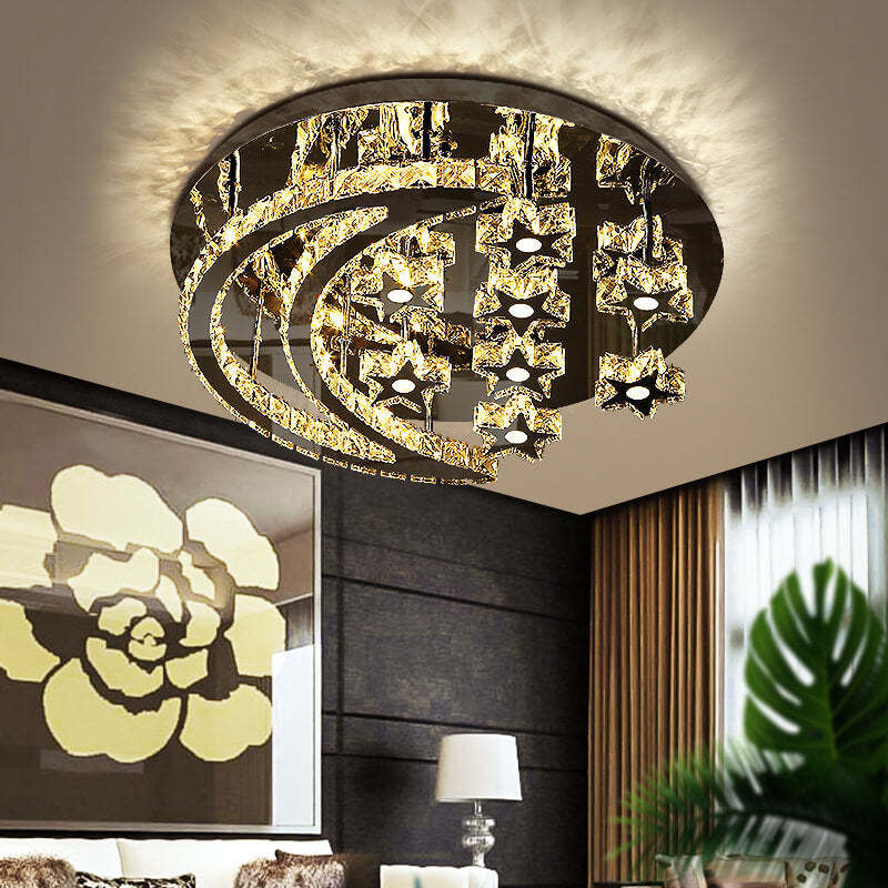 Romantic Stainless Steel Crystal Star Moon LED Flush Light — 5 Star / 220V-240V For UK/AU / Infinitely Dimmable