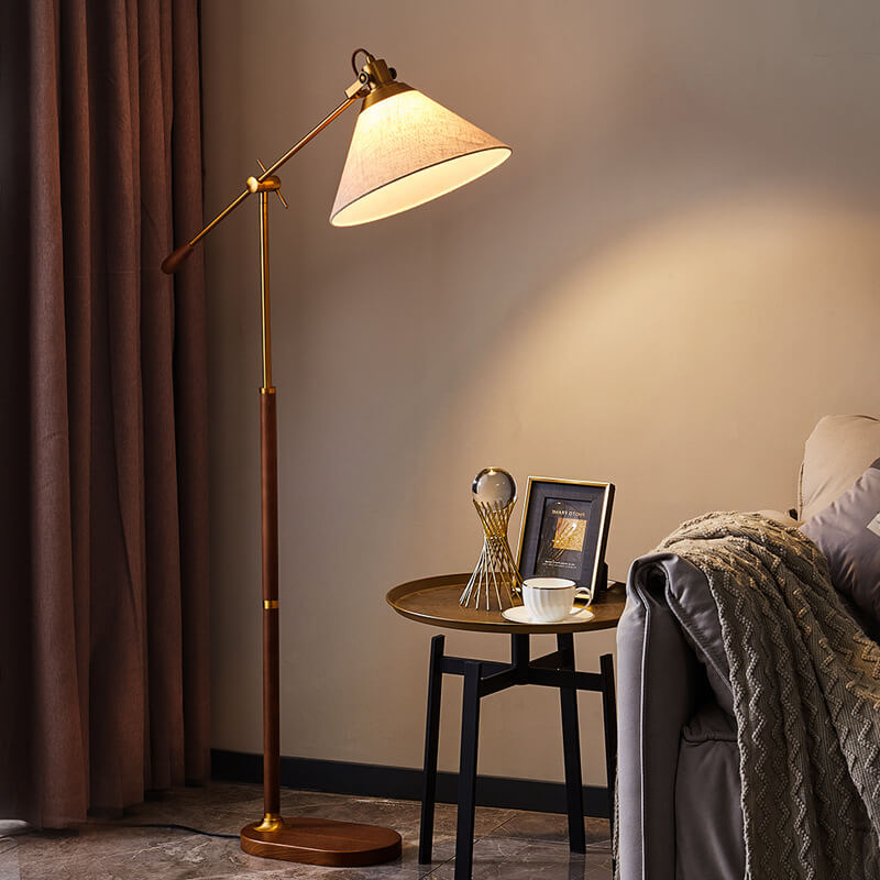 Nordic Vintage Fabric Cone Metal Ash Wood Floor Lamp