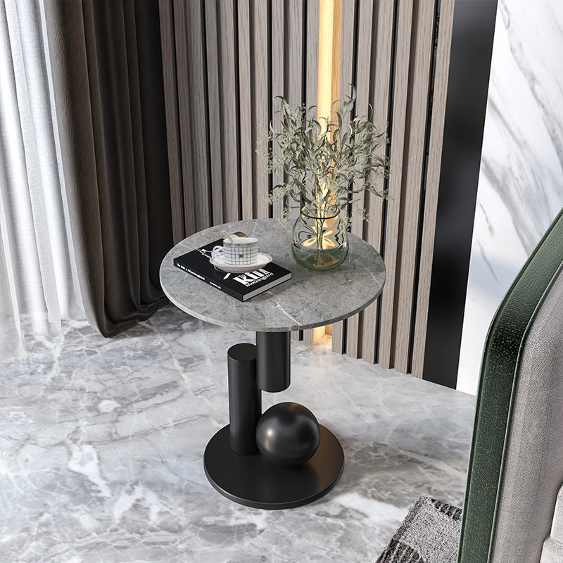 Luxury Rock Slab Geometric Base End Table — Gray Rock Slabs + Black Base