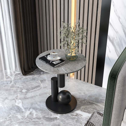 Luxury Rock Slab Geometric Base End Table — Gray Rock Slabs + Black Base