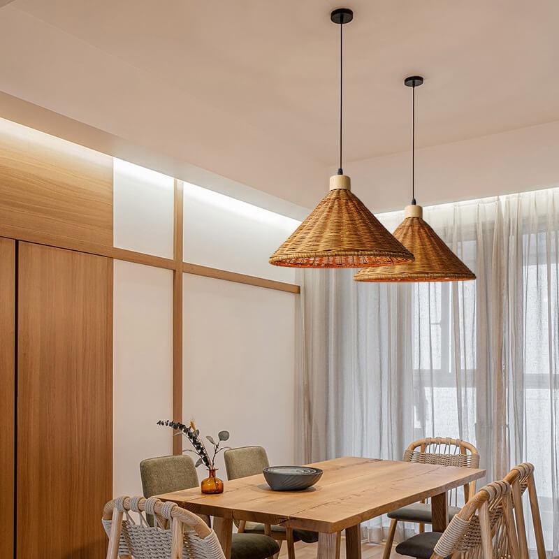 Vintage Wabi-Sabi Rattan Cone Pendant Light