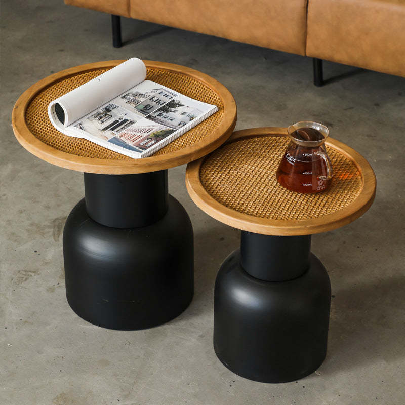 Vintage Round Rattan Iron Wood Coffee Table